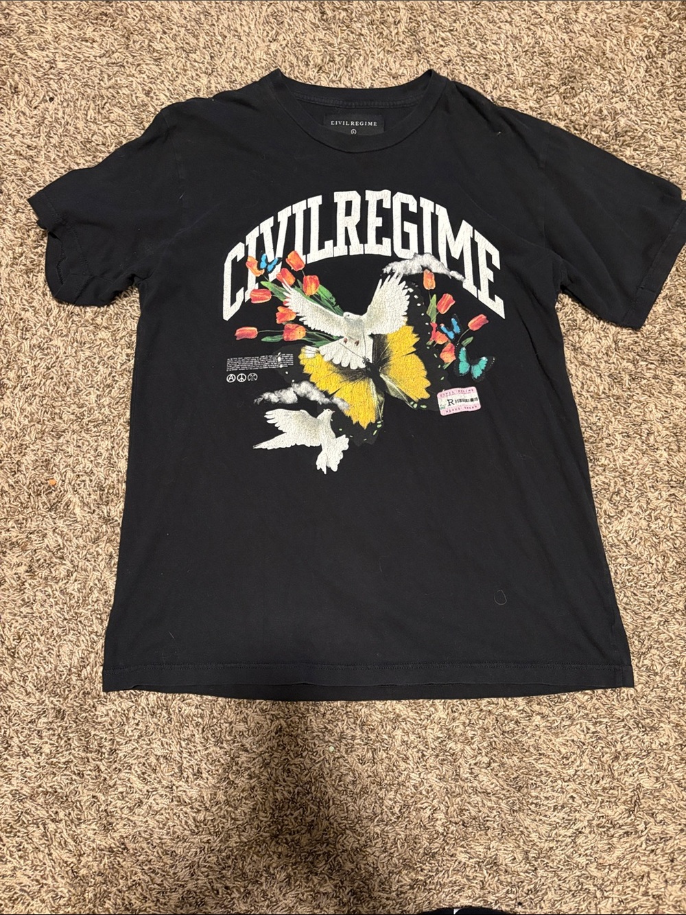 Civil Regime Bird and Butterfly Black Graphic Tee